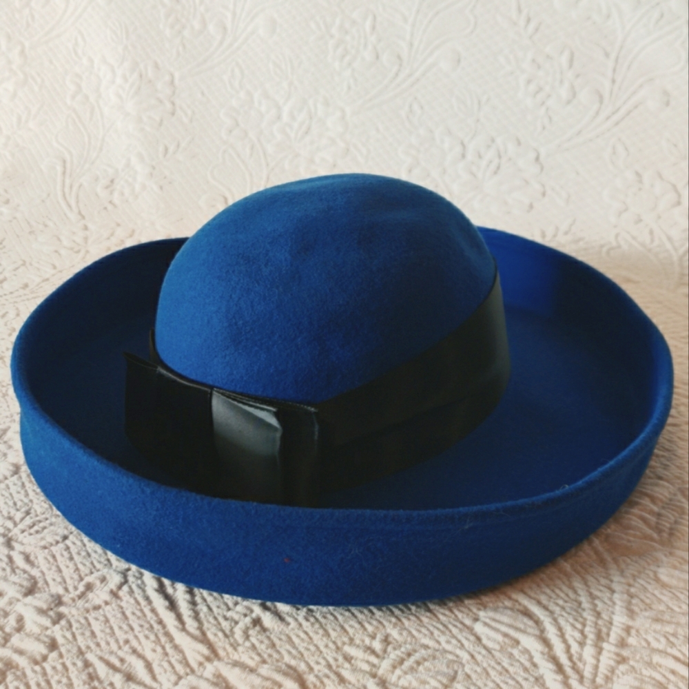 Vintage 100% Wool Blue Hat Black Band Bow Doeskin Felt Bollman & Co Made In USA